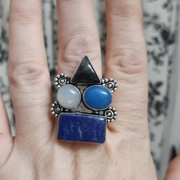 New Black Onyx, Lapis Lazuli, Chalcedony 925 Silver Ring. - Picture 5 of 7